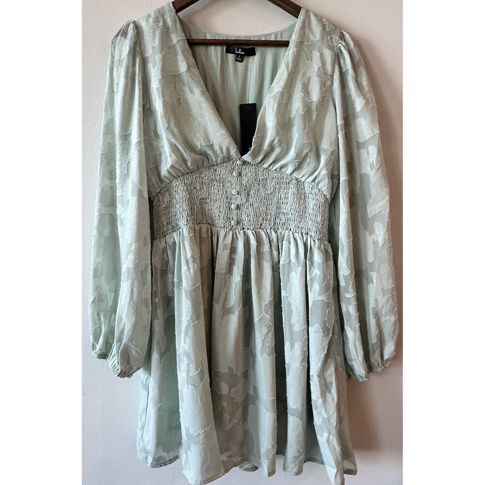 Lulus Tomorrow and Always Sage Green Burnout Floral Long Sleeve Mini Dress M